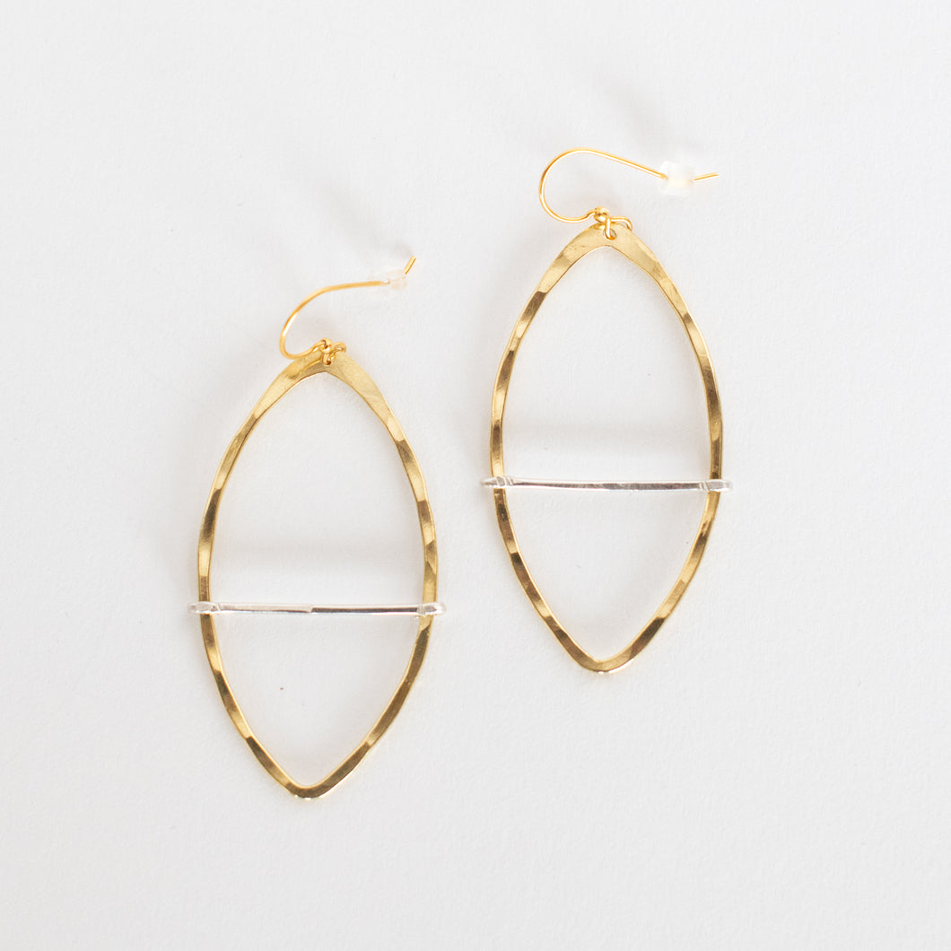 Handcrafted Jewelry-Brass Marquise Hoop Earring with Silver Bar
