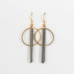 Handcrafted Jewelry-Brass Circle Earring with Silver Chain Accent