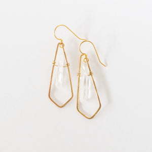 Hand Crafted Jewelry-Brass Diamond Earrings with Quartz Accent