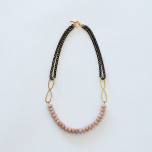 Hand Crafted Jewelry-Pink Moonstone Beaded Necklace with Brass Wheat Chain