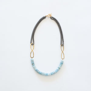 Hand Crafted Jewelry-Aquamarine Beaded Necklace with Silver Wheat Chain