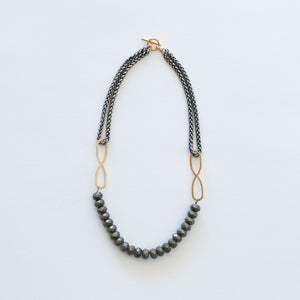 Hand Crafted Jewelry-Pyrite Beaded Necklace with Silver Wheat Chain