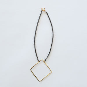 Handcrafted Jewelry-Brass Square Necklace on Silver Wheat Chain