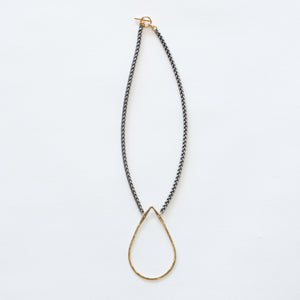 Handcrafted Jewelry-Brass Teardrop Necklace on Silver Wheat Chain