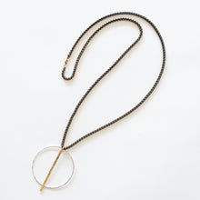 Load image into Gallery viewer, Handcrafted Jewelry-Silver Circle necklace with hammered bar on brass wheat chain

