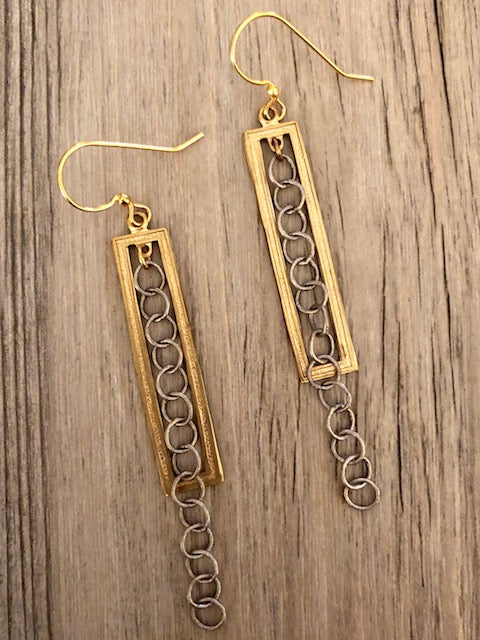 Handcrafted Jewelry-Brass Rectangle Earrings with Silver Chain Accent