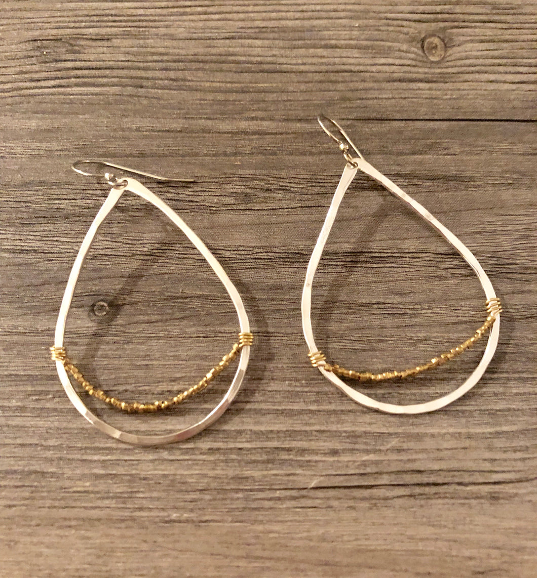 Handcrafted Jewelry-Silver Teardrop Hoop Earring with Gold Bead
