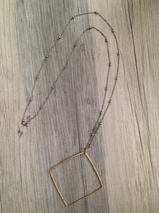 Handcrafted Jewelry-Brass Square Necklace on Silver Beaded Chain