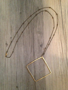 Handcrafted Jewelry-Brass Square Necklace on Brass Beaded Chain