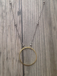 Hand Crafted Jewelry-Medium Brass Circle Necklace on Silver Beaded Chain