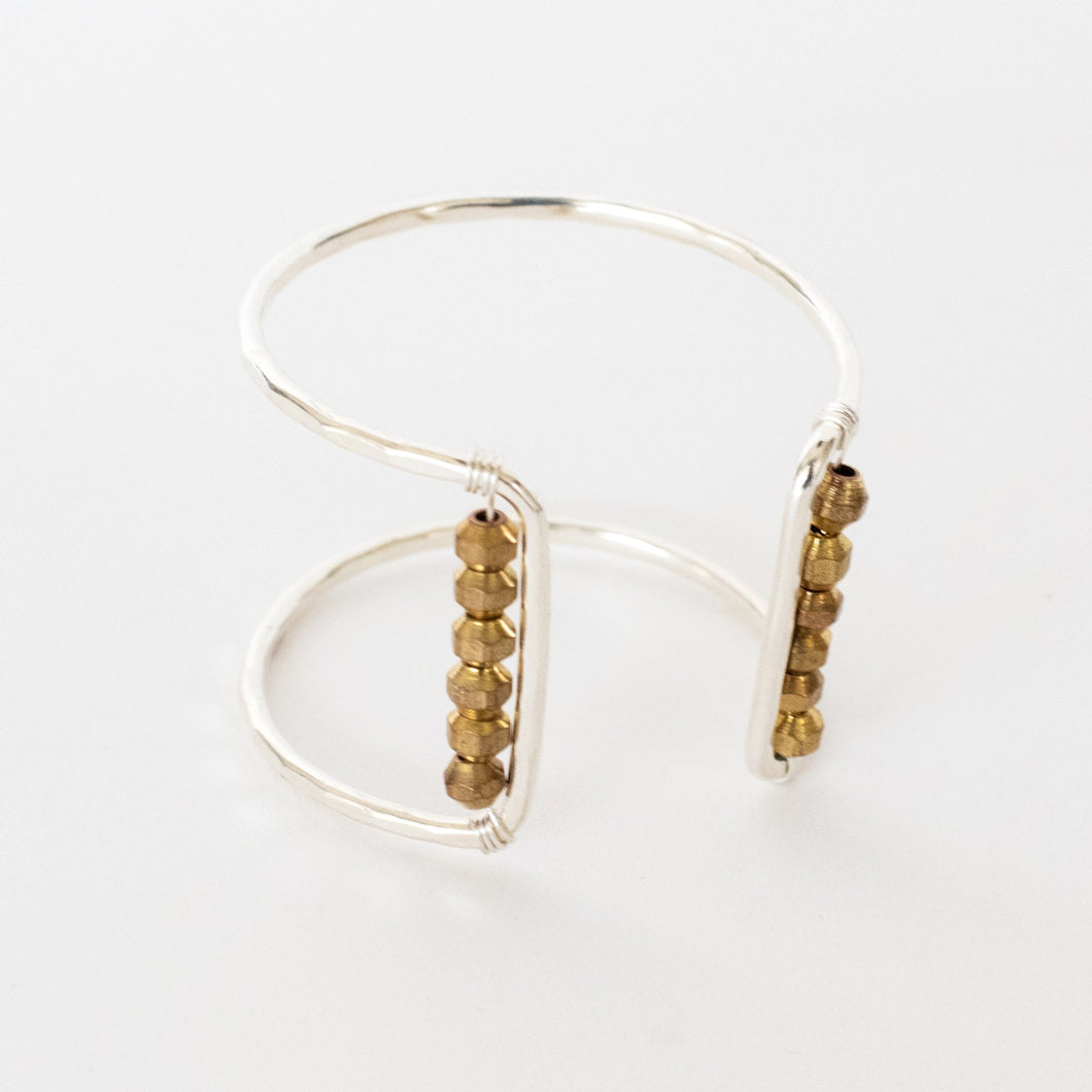 Handcrafted Jewelry-Silver Square Cuff Bracelet with Brass Metal Bead Accent