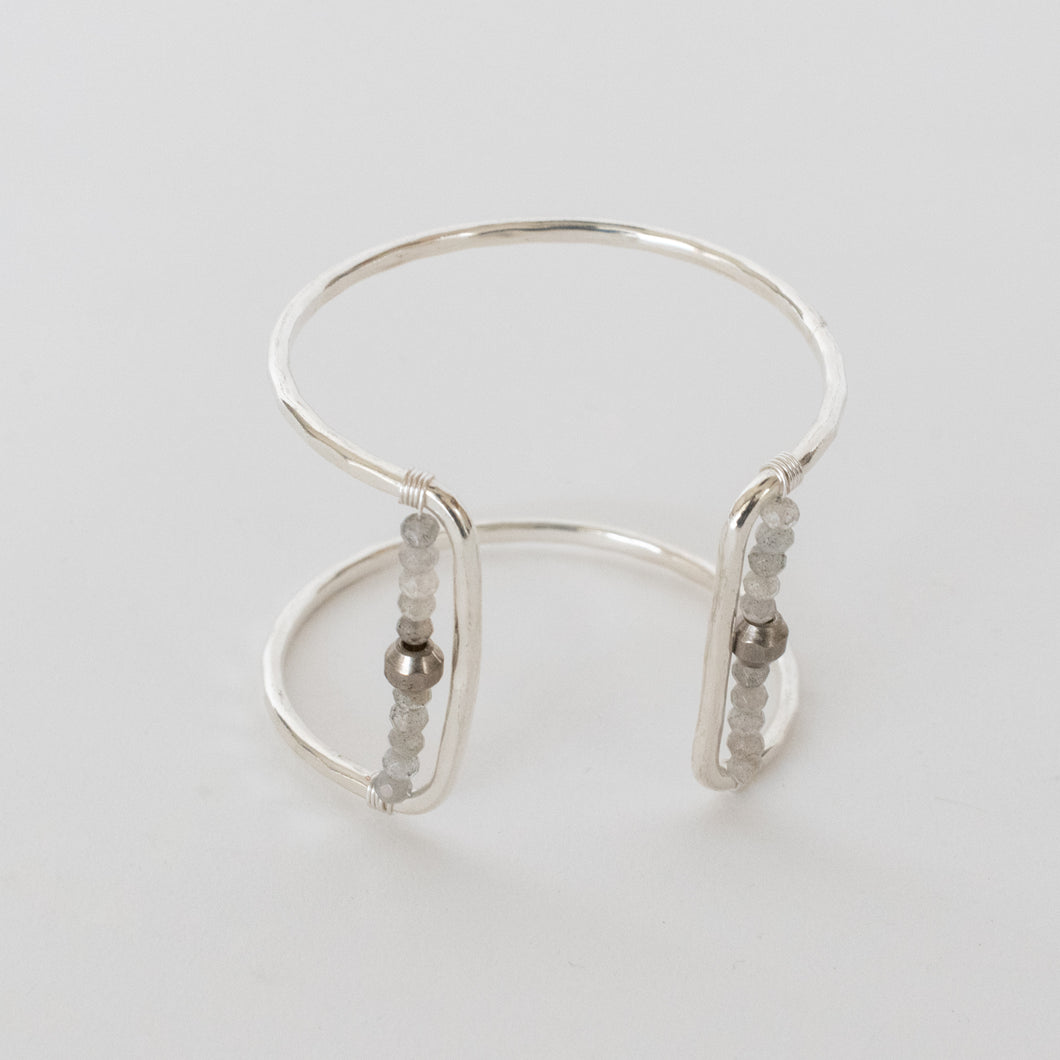 Handcrafted Jewelry-Silver Square Cuff Bracelet with Labradorite/Silver Metal Bead Accent